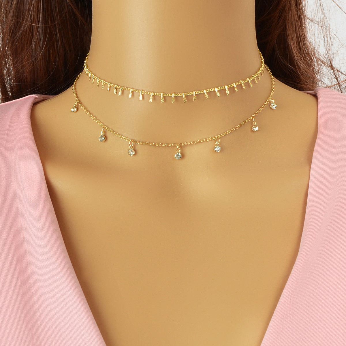 2 pcs Rhinestone Charm Layered Chain Necklace Personalized Choker