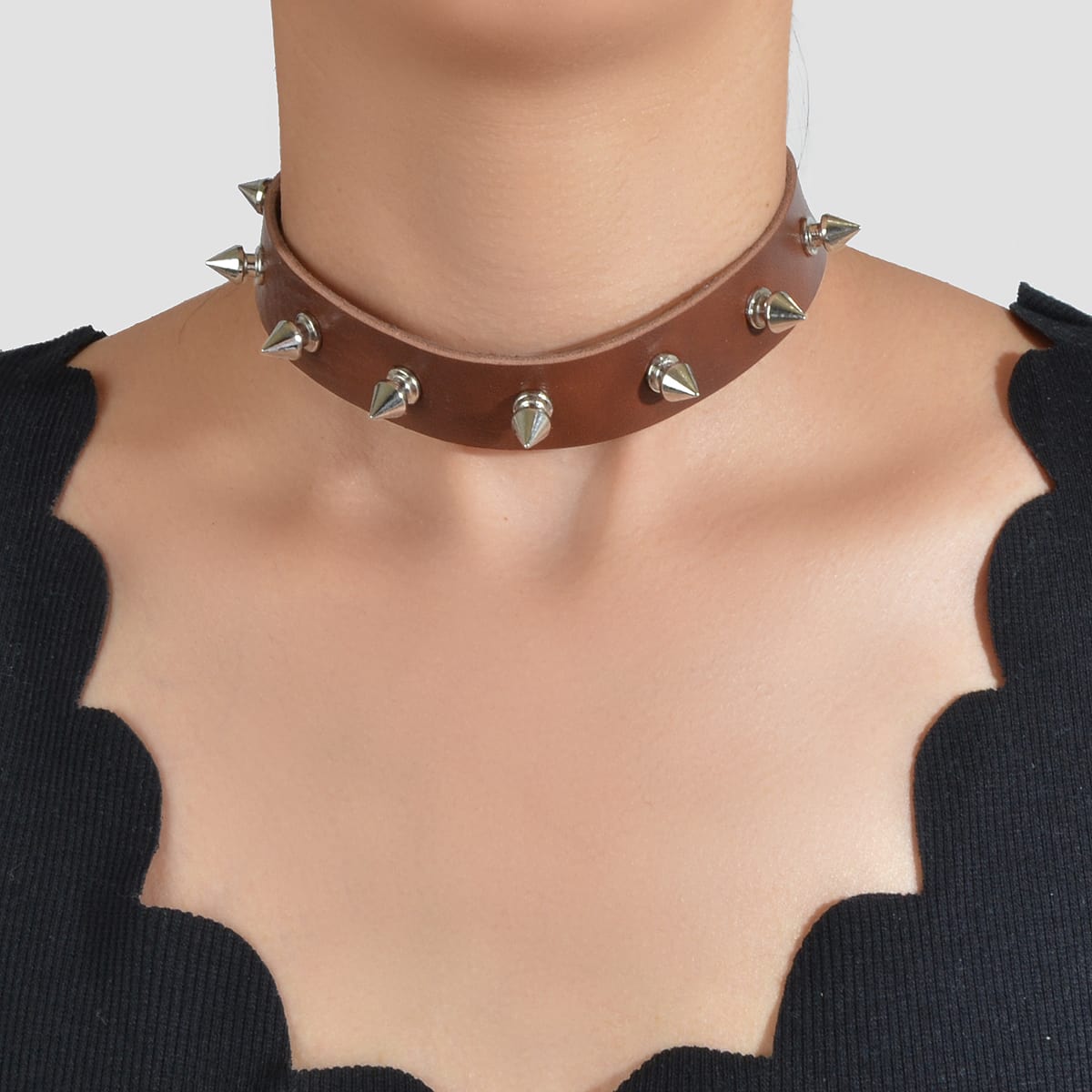 Have one to sell? Sell it yourself Punk Rock Spike Decor Black Pu Leather Belt Design Adjustable Choker Necklace