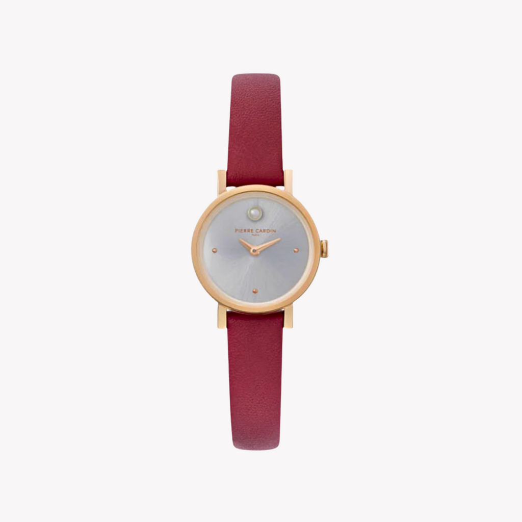Pierre Cardin Women's Burgundy Leather Watch, Silver Dial | Ccm.0507