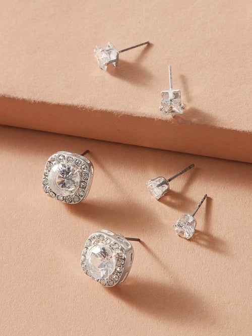 3 pairs Luxury Cubic Zirconia Round Square Stud Earrings Wedding Engagement Gift