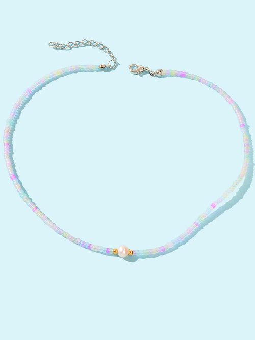Bohemian Seed Beads Necklace Handmade Colourful Beaded Pearl Choker Jewellery