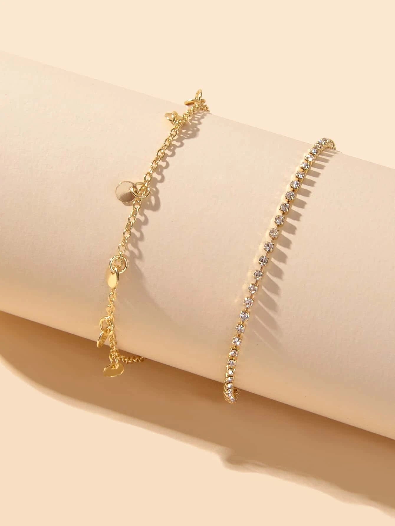 2pcs Women Rhinestone Gold Silver Chain Disc Charm Bracelet Fashion Accessories