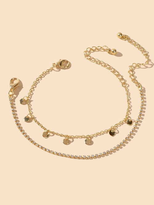 2pcs Women Rhinestone Gold Silver Chain Disc Charm Bracelet Fashion Accessories